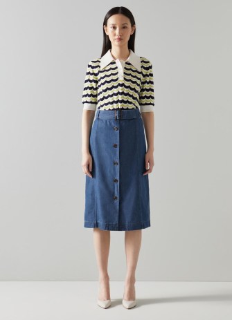 L.K. BENNETT Oda Blue Denim Longline Skirt ~ belted front button up skirts ~ women’s wardrobe essentials