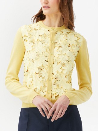 Oscar de la Renta floral-embroidered knitted cardigan banana yellow | guipure lace panelled cardigans | women’s designer knitwear at FARFETCH | feminine ladylike knits - flipped