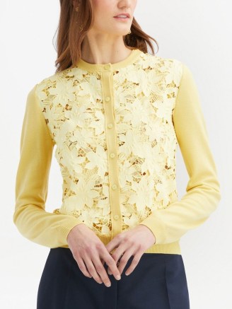Oscar de la Renta floral-embroidered knitted cardigan banana yellow | guipure lace panelled cardigans | women’s designer knitwear at FARFETCH | feminine ladylike knits