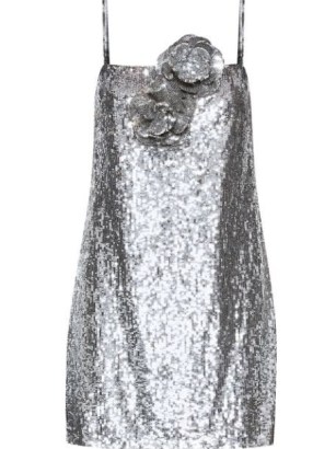 Oscar de la Renta floral-appliqué sequin-embellished mini dress ~ silver sequinned spaghetti strap occasion dresses ~ FARFETCH ~ womens luxury event wear ~ womens luxe party clothes - flipped