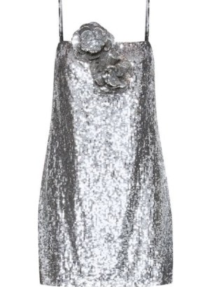 Oscar de la Renta floral-appliqué sequin-embellished mini dress ~ silver sequinned spaghetti strap occasion dresses ~ FARFETCH ~ womens luxury event wear ~ womens luxe party clothes