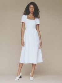 Reformation Pacome Linen Dress in White / short sleeved square neck fitted waist summer dresses / women’s effortless style clothing