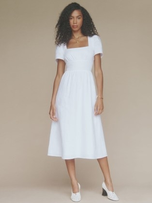 Reformation Pacome Linen Dress in White / short sleeved square neck fitted waist summer dresses / women’s effortless style clothing - flipped
