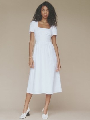 Reformation Pacome Linen Dress in White / short sleeved square neck fitted waist summer dresses / women’s effortless style clothing