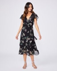 PAIGE Palisades Dress Black Multi Silk / floral flutter sleeve wrap dresses / feminine ruffle trim fashion