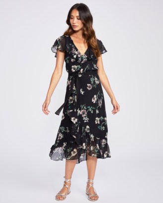 PAIGE Palisades Dress Black Multi Silk / floral flutter sleeve wrap dresses / feminine ruffle trim fashion - flipped