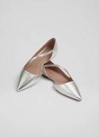 L.K. BENNETT Pandora Silver Leather Asymmetric Strap Flats ~ pointy metallic flat shoes ~ glamorous pointed toe occasion flats