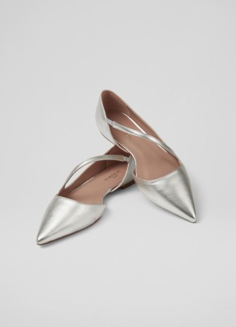 L.K. BENNETT Pandora Silver Leather Asymmetric Strap Flats ~ pointy metallic flat shoes ~ glamorous pointed toe occasion flats - flipped