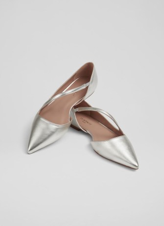 L.K. BENNETT Pandora Silver Leather Asymmetric Strap Flats ~ pointy metallic flat shoes ~ glamorous pointed toe occasion flats