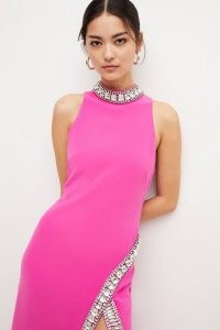 KAREN MILLEN Petite Crystal Embellished Woven Split Maxi in Fuchsia ~ glamorous pink sleeveless thigh high split hem evening dress trimmed with chunky crystals ~ occasion glamour ~ special event dresses