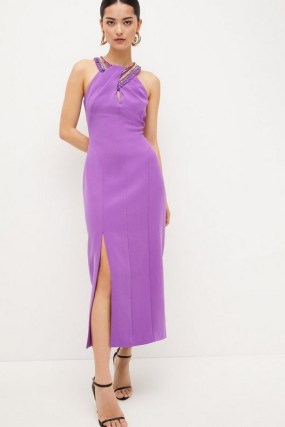 KAREN MILLEN Petite Enamel Chain Detail Halter Maxi Dress in Purple ~ sleeveless embellished occasion dresses ~ glamorous halterneck evening fashion ~ split hem - flipped