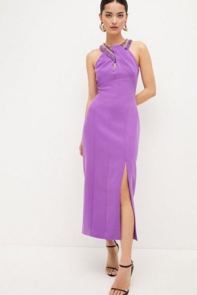 KAREN MILLEN Petite Enamel Chain Detail Halter Maxi Dress in Purple ~ sleeveless embellished occasion dresses ~ glamorous halterneck evening fashion ~ split hem