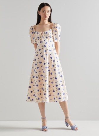 L.K. BENNETT Phelia Cream Cornflower Print Cotton Dress / floral puff sleeve fit and flare dresses / women’s vintage style garden party fashion / womens summer event clothes - flipped