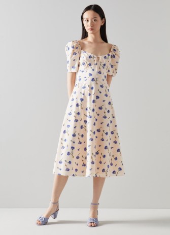 L.K. BENNETT Phelia Cream Cornflower Print Cotton Dress / floral puff sleeve fit and flare dresses / women’s vintage style garden party fashion / womens summer event clothes
