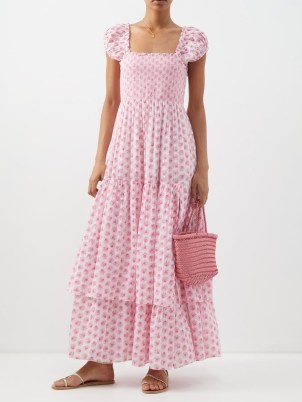 LOVESHACKFANCY Anzie floral cotton-lawn maxi dress ~ pink puff sleeve layered tiered hem dresses ~ feminine summer clothes ~ square neck ~ smocked bodice fashion ~ MATCHESFASHION