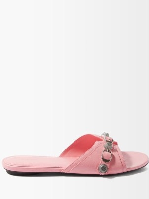 BALENCIAGA Cagole buckled leather slides ~ women’s pink stud and buckle detail sliders ~ womens luxury casual flats ~ MATCHESFASHION ~ luxe summer footwear - flipped