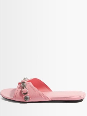 BALENCIAGA Cagole buckled leather slides ~ women’s pink stud and buckle detail sliders ~ womens luxury casual flats ~ MATCHESFASHION ~ luxe summer footwear