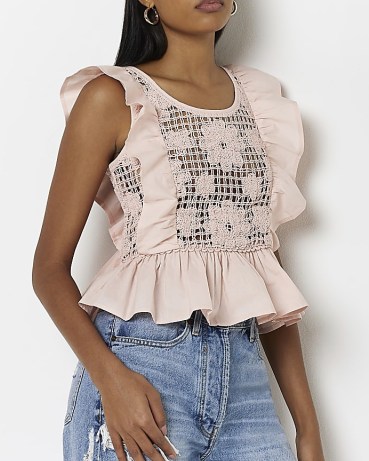 RIVER ISLAND PINK CROCHET PEPLUM TOP / ruffled floral detail tops / romantic ruffled cotton fashion / on-trend feminine clothes - flipped
