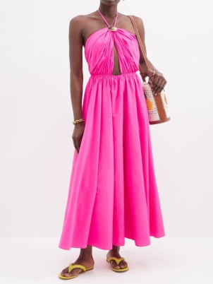 STAUD Danielle halterneck cutout nylon midi dress ~ neon pink halter neck dresses ~ women’s cut out detail summer fashion ~ women’s warm weather holiday clothes ~ strappy back ties ~ MATCHESFASHION - flipped