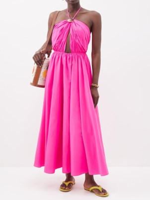 STAUD Danielle halterneck cutout nylon midi dress ~ neon pink halter neck dresses ~ women’s cut out detail summer fashion ~ women’s warm weather holiday clothes ~ strappy back ties ~ MATCHESFASHION