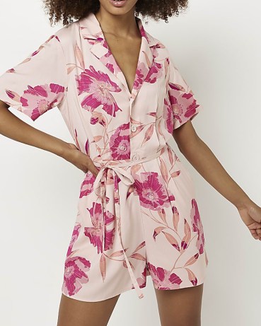 RIVER ISLAND PINK FLORAL PLAYSUIT / women’s collared tie waist playsuits / womens summer fashion - flipped