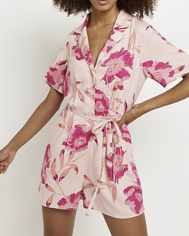 RIVER ISLAND PINK FLORAL PLAYSUIT / women’s collared tie waist playsuits / womens summer fashion