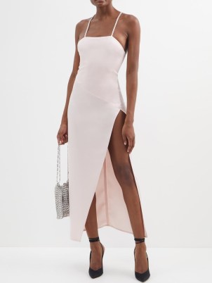 THE ATTICO Fujiko crystal-strap side slit satin dress ~ luxe light pink spaghetti strap dresses ~ thigh high split hem event wear ~ glamorous evening occasion look ~ women’s strappy event clothes ~ womens luxury fashion at MATCHESFASHION - flipped