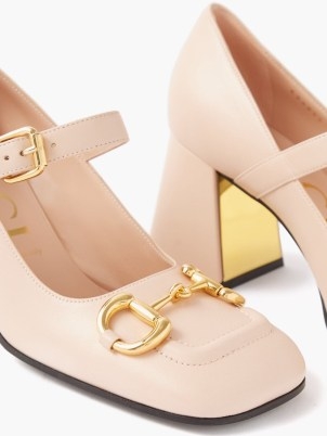 GUCCI Horsebit 75 leather Mary Jane pumps – luxury pink Mary Janes – women’s luxe square toe shoes – womens designer footwear – MATCHESFASHION – chunky block heels - flipped