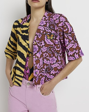 RIVER ISLAND PINK PRINTED SHIRT ~ women’s mixed print short sleeved cotton shirts ~ animal and floral prints