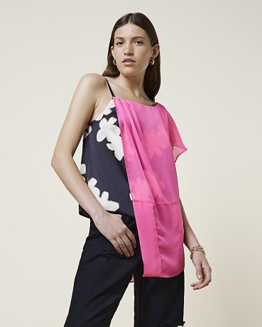 RIVER ISLAND PINK RI STUDIO FLORAL ASYMMETRIC TOP ~ drape detail cami tops ~ sheer overlay camisole - flipped