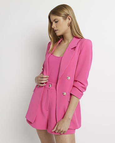 RIVER ISLAND PINK RUCHED SLEEVE BLAZER ~ womens gathered 3/4 length sleeved blazers ~ women’s on-trend jackets