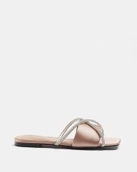 RIVER ISLAND PINK SATIN DIAMANTE SANDALS | luxe style square toe flats | embellished flat mules