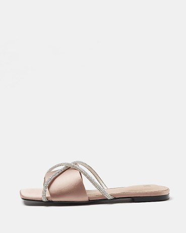 RIVER ISLAND PINK SATIN DIAMANTE SANDALS | luxe style square toe flats | embellished flat mules - flipped