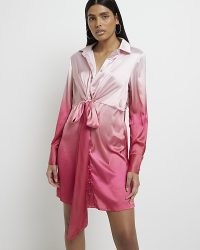 RIVER ISLAND PINK SATIN OMBRE MINI SHIRT DRESS ~ long sleeve collared silky style dresses