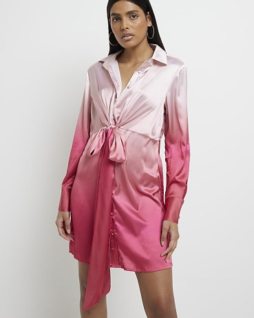 RIVER ISLAND PINK SATIN OMBRE MINI SHIRT DRESS ~ long sleeve collared silky style dresses