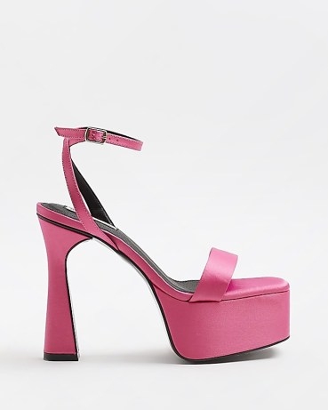 RIVER ISLAND PINK SATIN PLATFORM HEELS / luxe style square toe platforms / women’s high heel retro shoes / womens 70s style vintage ankle strap sandals / bubblegum coloured footwear - flipped