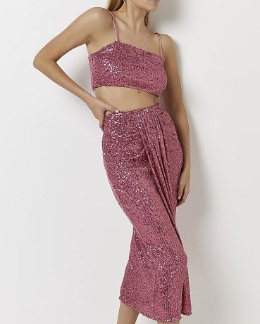 RIVER ISLAND PINK SEQUIN PLEATED MIDI SKIRT ~ shimmering squinned skirts ~ front pleat detail - flipped