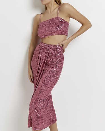 RIVER ISLAND PINK SEQUIN PLEATED MIDI SKIRT ~ shimmering squinned skirts ~ front pleat detail
