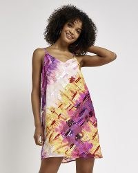 RIVER ISLAND PINK TIE DYE SATIN MINI DRESS / sequin and bead embelished slip dresses / sequinned cami strap fashion