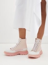 ALEXANDER MCQUEEN Tread Slick leather high-top trainers ~ women’s tonal pink hi tops ~ womens colour block sneakers ~ MATCHESFASHION