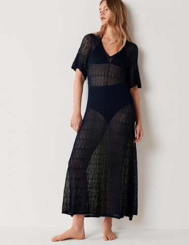 Boden Pointelle Knitted Midi Dress Navy – sheer knit dresses - flipped