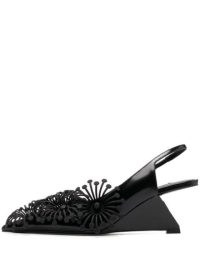 Prada Azaleas-appliqué 70mm slingback pumps / cutaway wedged heel slingbacks / black floral slingback wedges / pointed toe wedge heel shoes / womens designer footwear / FARFETCH