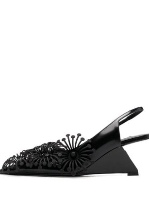 Prada Azaleas-appliqué 70mm slingback pumps / cutaway wedged heel slingbacks / black floral slingback wedges / pointed toe wedge heel shoes / womens designer footwear / FARFETCH