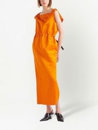 Prada belted satin dress / contemporary orange silk dresses / women’s designer fashion / open plunging back / FARFETCH