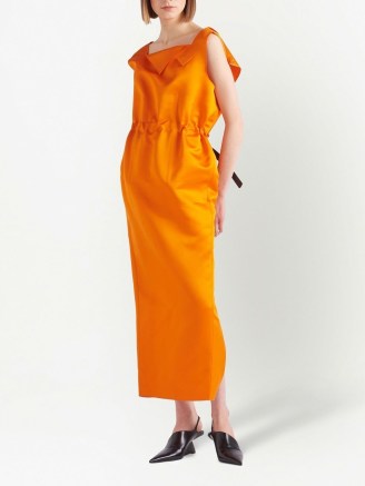 Prada belted satin dress / contemporary orange silk dresses / women’s designer fashion / open plunging back / FARFETCH