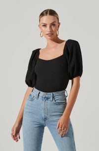ASTR THE LABEL PUFF SLEEVE TEXTURED BODYSUIT | black square neck bosysuits | puffed sleeves