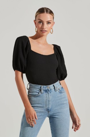 ASTR THE LABEL PUFF SLEEVE TEXTURED BODYSUIT | black square neck bosysuits | puffed sleeves - flipped