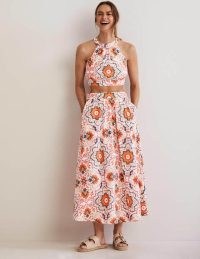 Boden Pull On Cotton Midi Skirt Multi Bloomsbury – women’s floral print summer skirts