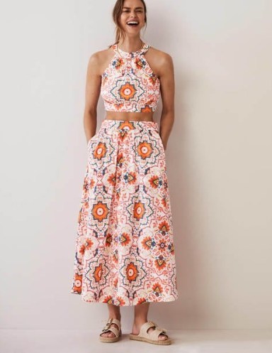 Boden Pull On Cotton Midi Skirt Multi Bloomsbury – women’s floral print summer skirts - flipped