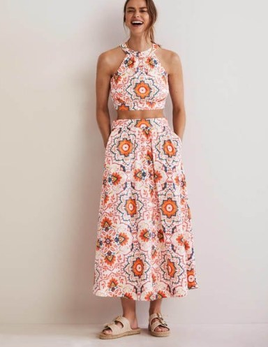 Boden Pull On Cotton Midi Skirt Multi Bloomsbury – women’s floral print summer skirts